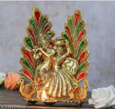 Metal Radha Krishna idol with deepak, Indian handcrafted deity figurine in home temple setting